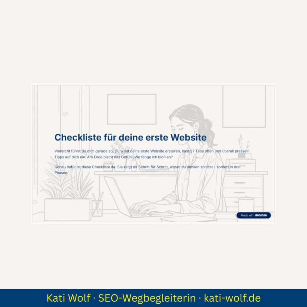 Freebie SEO-Checkliste für deine erste Website von Kati Wolf - SEO-Coaching & SEO-Sprechstunde Freebie SEO-Checkliste für deine erste Website von Kati Wolf - SEO-Coaching & SEO-Sprechstunde