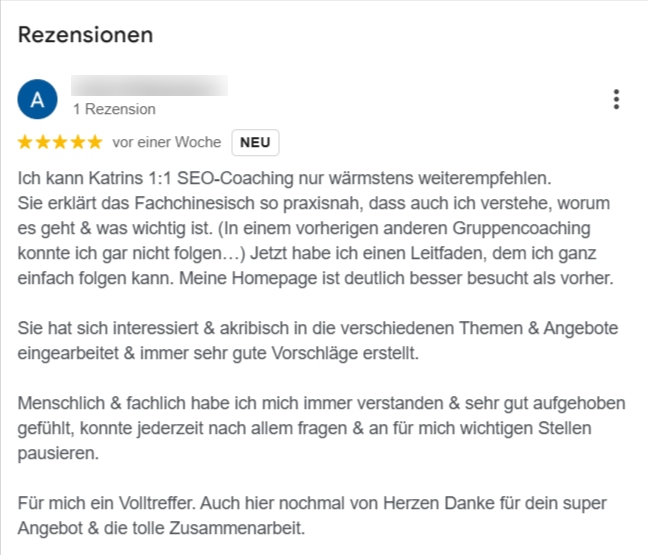 5-Sterne-Bewertung im Google Business Profile: Kati Wolf SEO-Coaching
